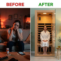 1 Person Extendable FAR Infrared Sauna for Home, Hemlock Wood Low EMF 6 Carbon Heaters Indoor Saunas with LED Lights, Bluetooth Speaker, Digital Control Panel, and Seating Bench — Before & After