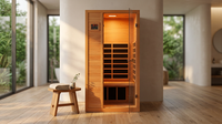 1 Person Extendable FAR Infrared Sauna for Home, Hemlock Wood Low EMF 6 Carbon Heaters Indoor Saunas with LED Lights, Bluetooth Speaker, Digital Control Panel, and Seating Bench — Lifestyle