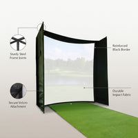 DIY Golf Simulator Impact Screen Frame Enclosure Kit Set, Use with Simulators, Durable Fabric with Velcro, Reinforced Black Border, 9.8'X9.8'X4.9' — infographic