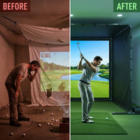 DIY Golf Simulator Impact Screen Frame Enclosure Kit Set, Use with Simulators, Durable Fabric with Velcro, Reinforced Black Border, 9.8'X9.8'X4.9' — Before & After