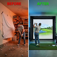 DIY Golf Simulator Impact Screen Frame Enclosure Kit Set, Use with Simulators, Durable Fabric with Velcro, Reinforced Black Border, 9.8'X9.8'X4.9' — Before & After
