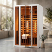 2 Person Extendable FAR Infrared Sauna for Home, Hemlock Wood Low EMF 6 Carbon Heaters Indoor Saunas with LED Lights, Bluetooth Speaker, Digital Control Panel, and Seating Bench — Studio Shot