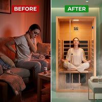 1 Person Extendable FAR Infrared Sauna for Home, Hemlock Wood Low EMF 6 Carbon Heaters Indoor Saunas with LED Lights, Bluetooth Speaker, Digital Control Panel, and Seating Bench — Before & After