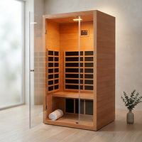 1 Person Extendable FAR Infrared Sauna for Home, Hemlock Wood Low EMF 6 Carbon Heaters Indoor Saunas with LED Lights, Bluetooth Speaker, Digital Control Panel, and Seating Bench — Studio Shot