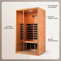 1 Person Extendable FAR Infrared Sauna for Home, Hemlock Wood Low EMF 6 Carbon Heaters Indoor Saunas with LED Lights, Bluetooth Speaker, Digital Control Panel, and Seating Bench — infographic
