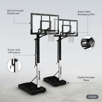 (2 Pack)  60-Inch Portable Basketball Hoop with Acrylic Backboard, Screw Jack Lift & Arena Slam Rim-Outdoor Play — infographic