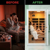 2 Person Extendable FAR Infrared Sauna for Home, Hemlock Wood Low EMF 6 Carbon Heaters Indoor Saunas with LED Lights, Bluetooth Speaker, Digital Control Panel, and Seating Bench — Before & After